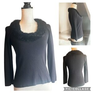 Michelle Nicole Black Ribbed Knit Sweater Faux Fur Trim Scoop Neck Small